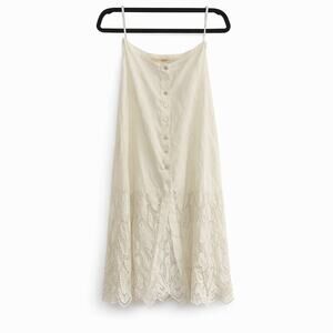 White Boho Lace Hem Maxi Skirt Small Button Front Rayon Cottagecore